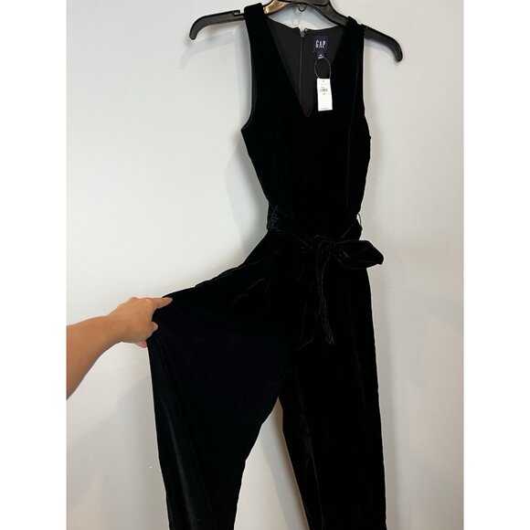 Gap Black Velvet Jumpsuit Size XS V-neck Belted Waist Wide Leg NWT $118 - Picture 8 of 13